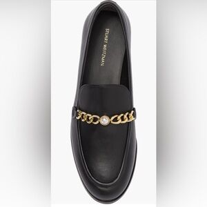Stuart Weitzman Owen Pearl Black Loafers with Gold Chain Accent